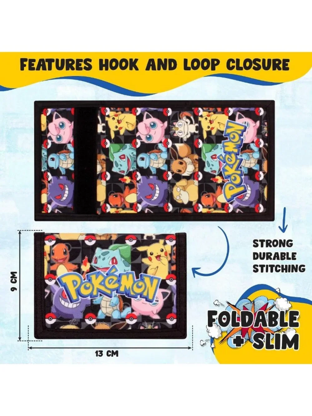 Kids Trifold Canvas Wallet with Zip, Coin & Card Holder - Pokemon Design